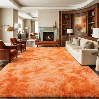 Tapis à poil long 8 x 10 po pour le salon, tapis moelleux orange pour la chambre à coucher, tapis antidérapant de mise à niveau, tapis rectangulaire, idéal pour les endroits très passants