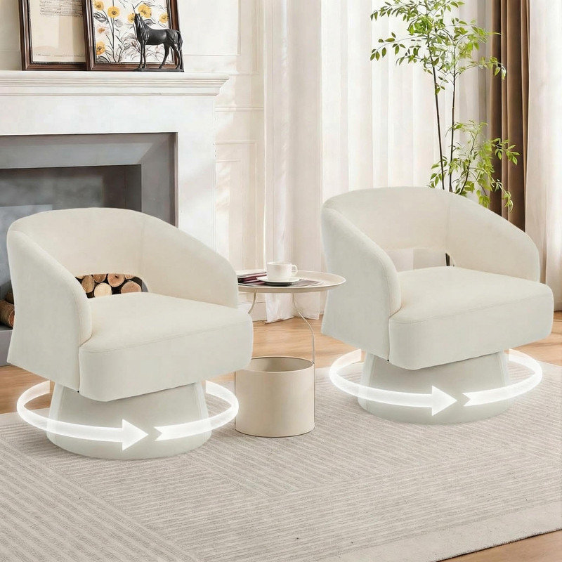 Set of 2 Round Swivel Accent Chairs, Upholstered Barrel Chair with Hollowed Back for Small Spaces, Beige Velvet