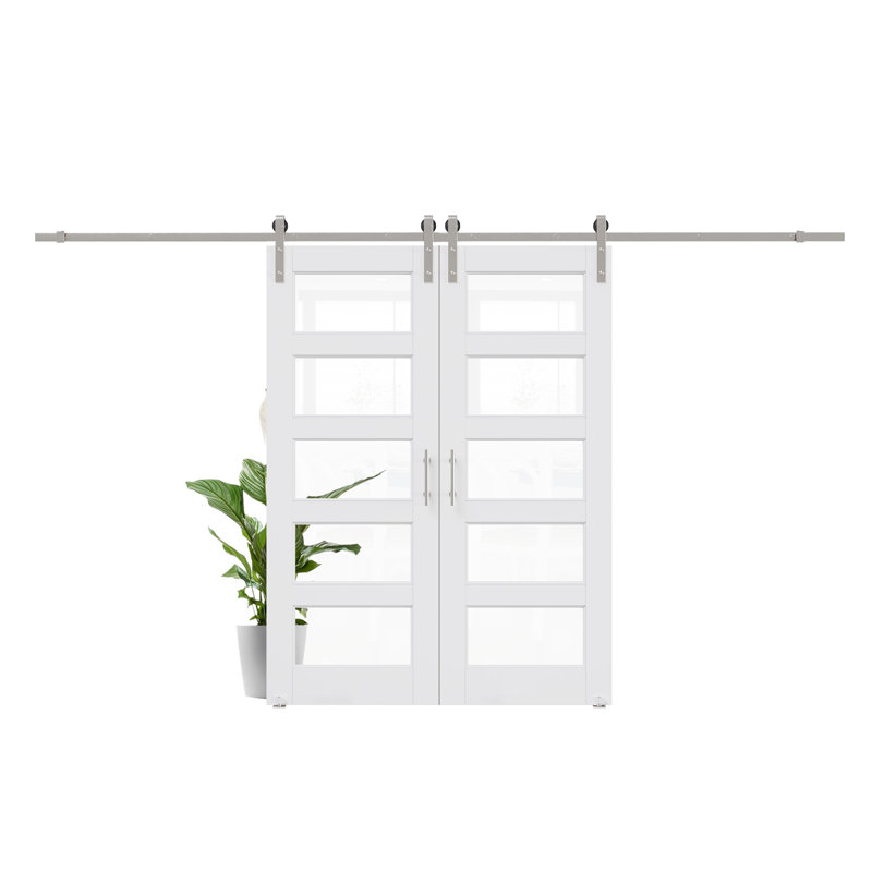 Porte de grange coulissante en verre transparent blanc apprêté 5-Lite avec trousse de quincaillerie d'installation / aucun assemblage requis