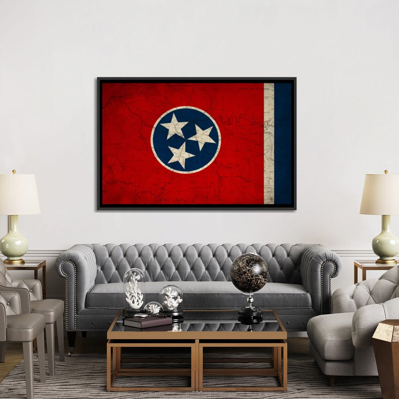 «Flags Tennessee Map», impression sur toile tendue, H 18 po x l 26 po x P 1,5 po, Toile avec cadre noir, Pas de tapis