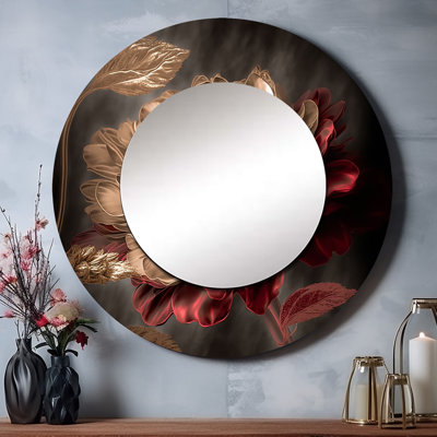«Gilded Rose Vintage Glam V», miroir décoratif floral, grand miroir mural rond rose, impression d'art en métal