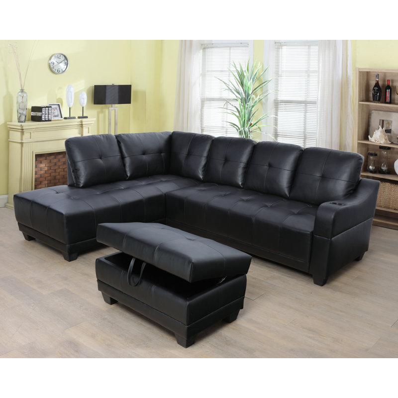 Gioia Faux Leather L-Shaped Sectional, Left Hand Facing, Off White Faux Leather