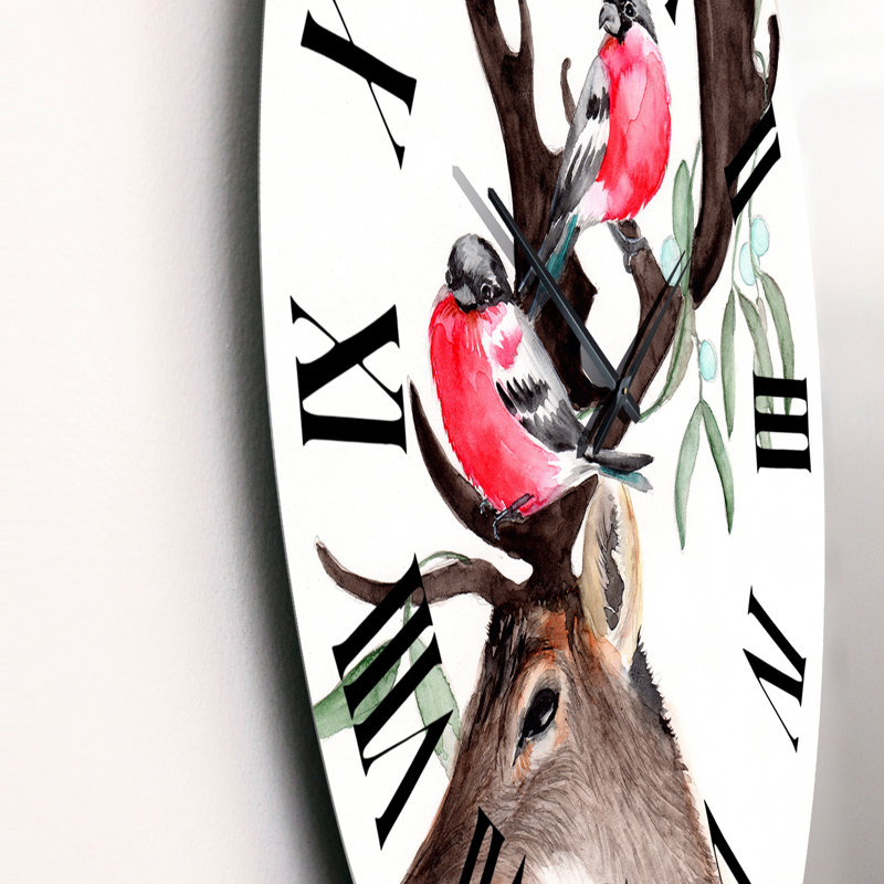 Horloge murale traditionnelle cerf avec deux bouvreuils rouges, Grand