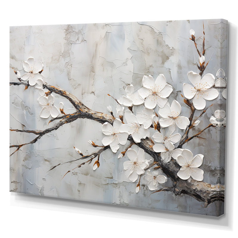 Minimalism White And Grey Cherry Blossom On Canvas Print, 34" H x 44" W x 1.5" D, Wrapped Canvas