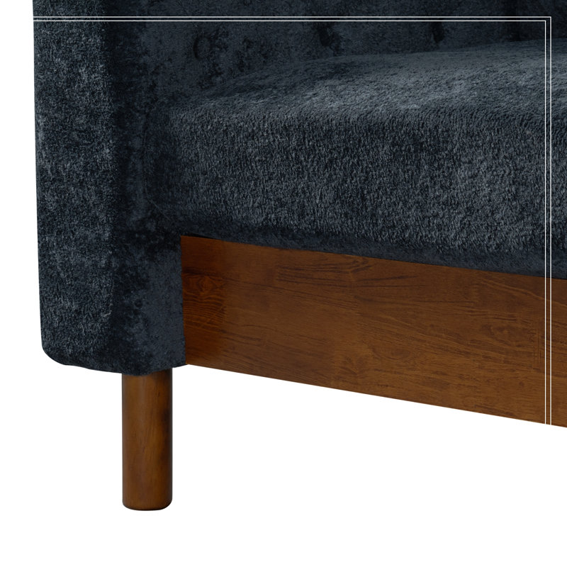 Canapé 3 places Brucker recouvert de chenille, avec accoudoirs carrés, dossier capitonné et pieds en bois, Blue