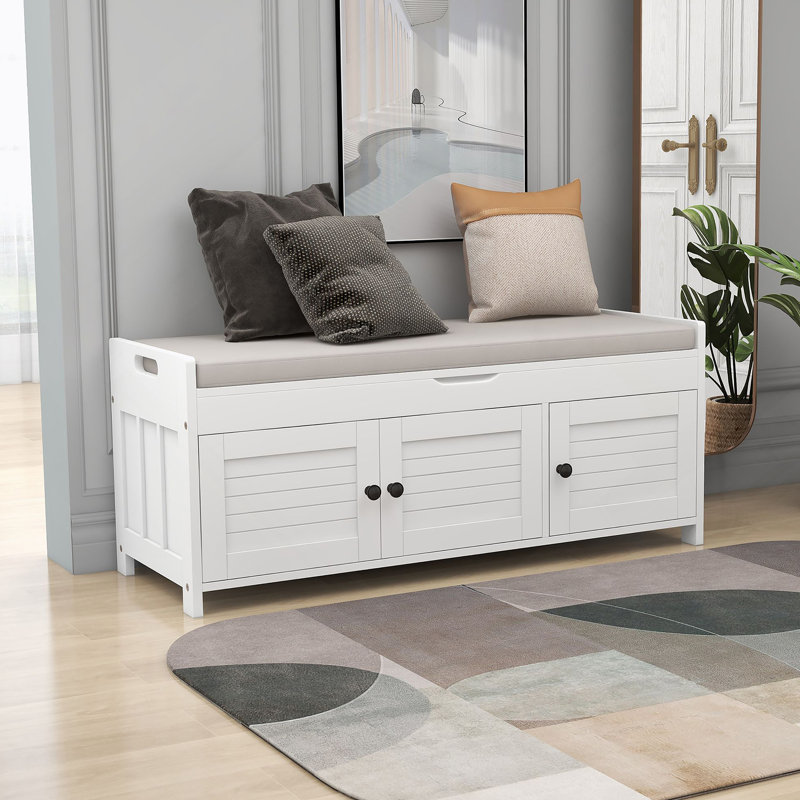 Banc de rangement avec 3 portes en forme de volet, banc à chaussures avec rangement caché, Blanc