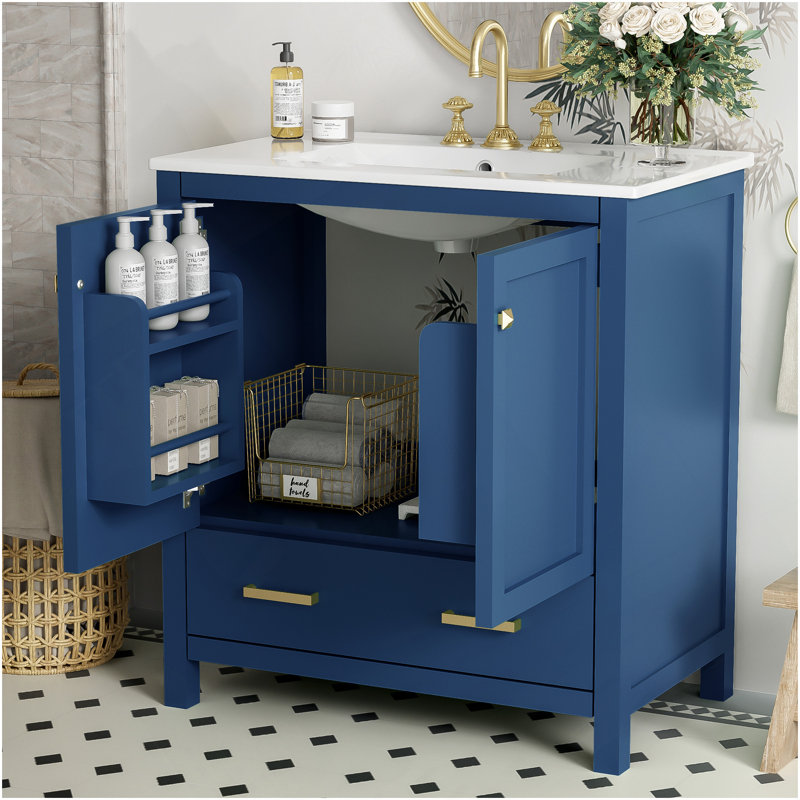 Meuble-lavabo bleu 30 po avec lavabo simple, meuble-lavabo sous-comptoir, armoire de rangement avec 2 portes et un tiroir, fermeture en douceur, rangement multifonctionnel, structure en bois