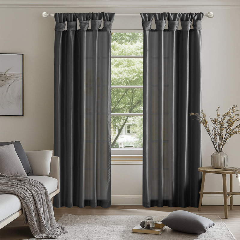 Karlita Faux Silk Room Darkening Twist Tab Single Curtain Panel, 50" W x 84" L, Black