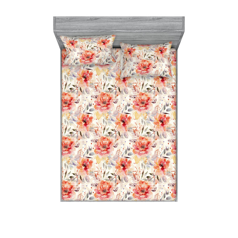 Drap-housse et taies décoratives 3 pièces Ambesonne, Saumon, bleu ciel, pêche / floral