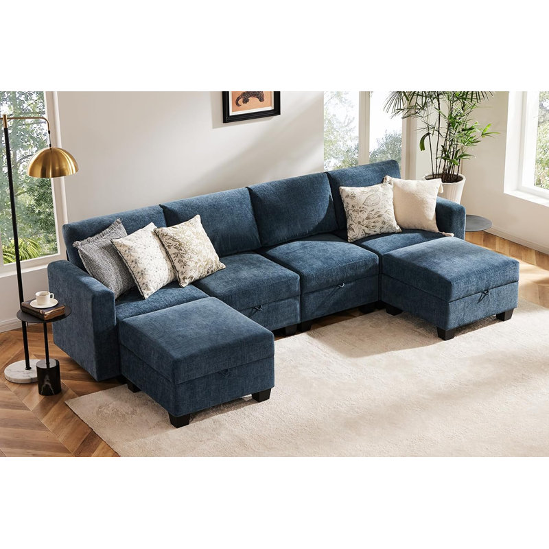 Canapé modulaire rembourré 6 pièces Ilyes, Chenille bleu