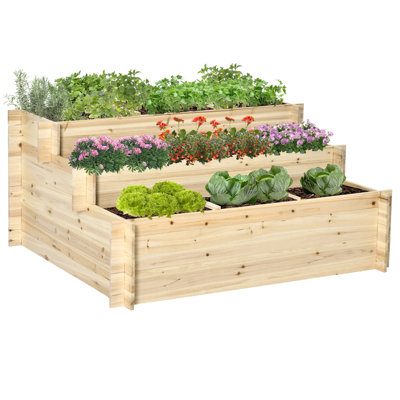 Ladesha Outsunny 3 Tier Raised Garden Bed with 9 Grow Grids and Bed Liner, Elevated Wooden Planter Kit