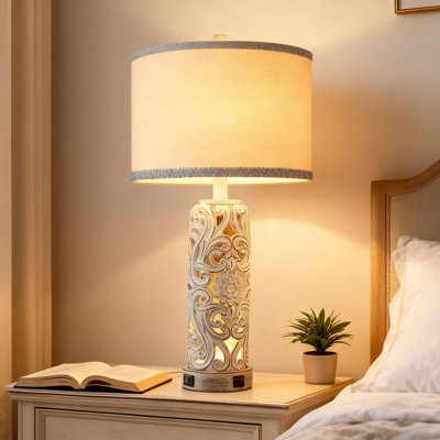 Farmhouse Table Lamp With Dual Usb Ports, Vintage Nightstand Lamp With Night Light, Antique White Resin Bedside Lamp For Living Room And Bedroom, Bulbs Included