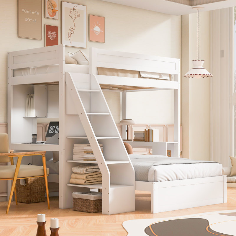  Twin XL Over Full Bunk Bed with Built-In Desk, USB Port and Shelves, White, White