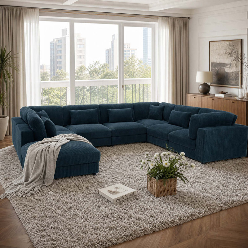 Canapé d'angle modulaire en velours côtelé avec coussins décoratifs, Velours côtelé bleu foncé, H 33 po x l 176 po x P 112 po