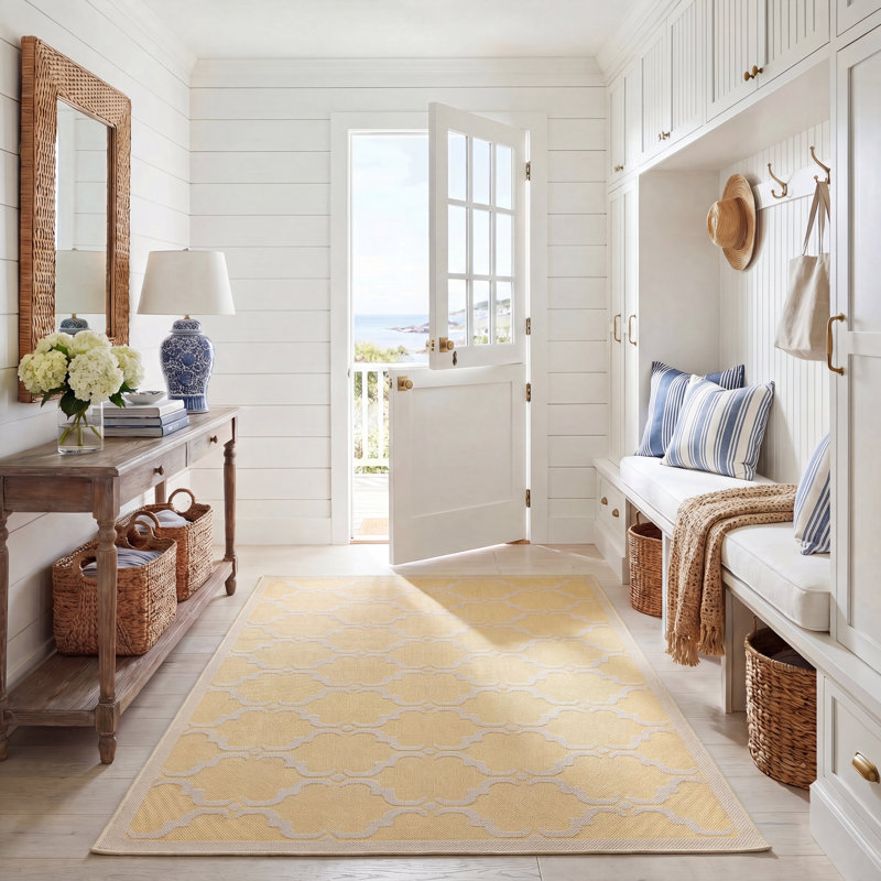 Arneshia Geometric Yellow/Beige Area Indoor/Outdoor Area Rug, Rectangle  5'3" x 7'7"