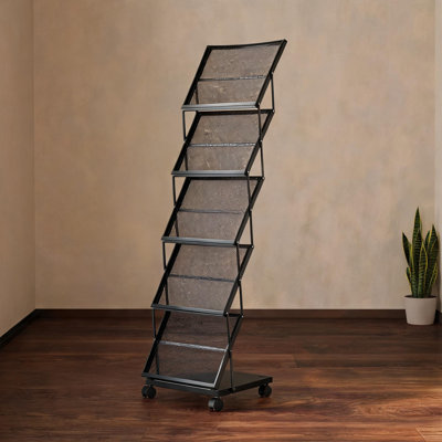 For Office, Shop and Exhibition Spaces Simple Style 5 Pocket Foldable Brochure Display Rack, Steel Jet Black with Braked Casters