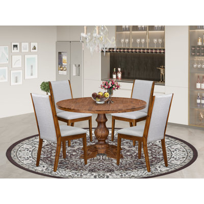 5-Pc Dining Table Set Includes a Pedestal Dinner Table and 4 Grey Linen Fabric Fabric Parson Chairs with High Back - Antique Walnut Finish