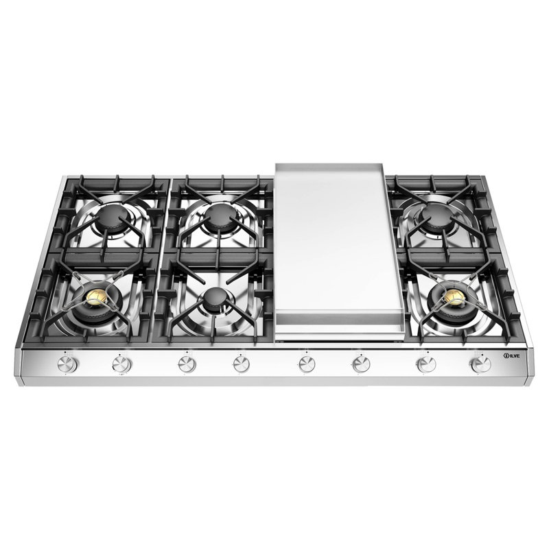 Cuisinière à gaz de 48 po avec 8 brûleurs scellés et plaque chauffante ILVE Professional Plus II Series, Propane liquide