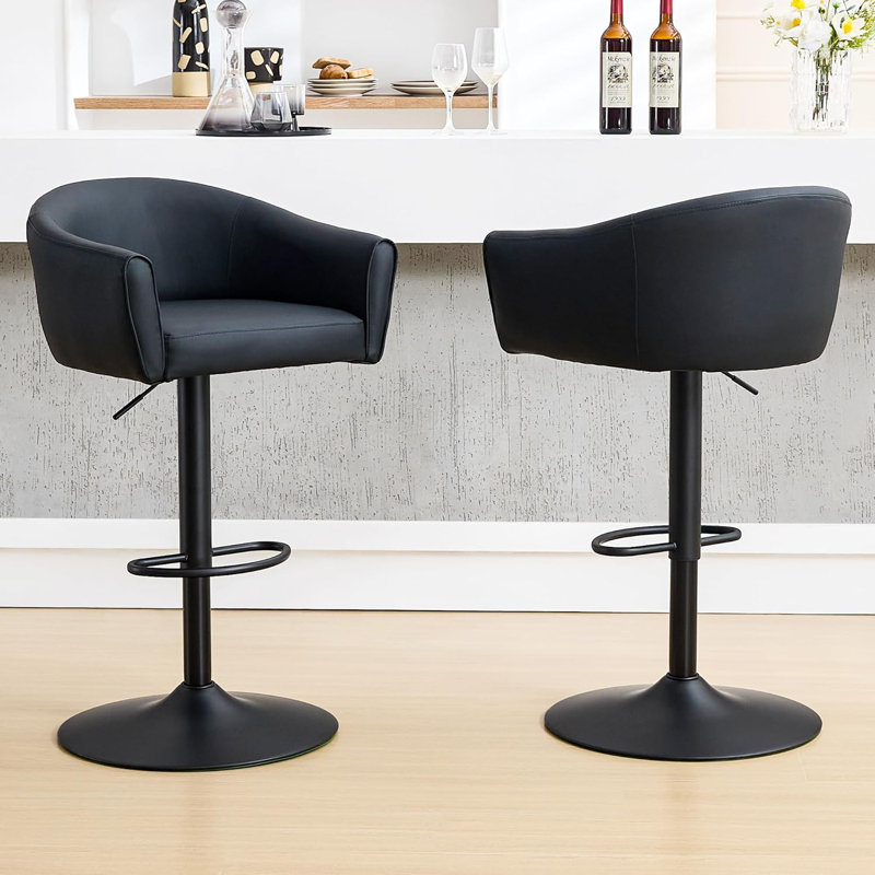 Swivel Upholstered Adjustable Height Bar Stools with Back & Arms (Set of 2), Black, 2