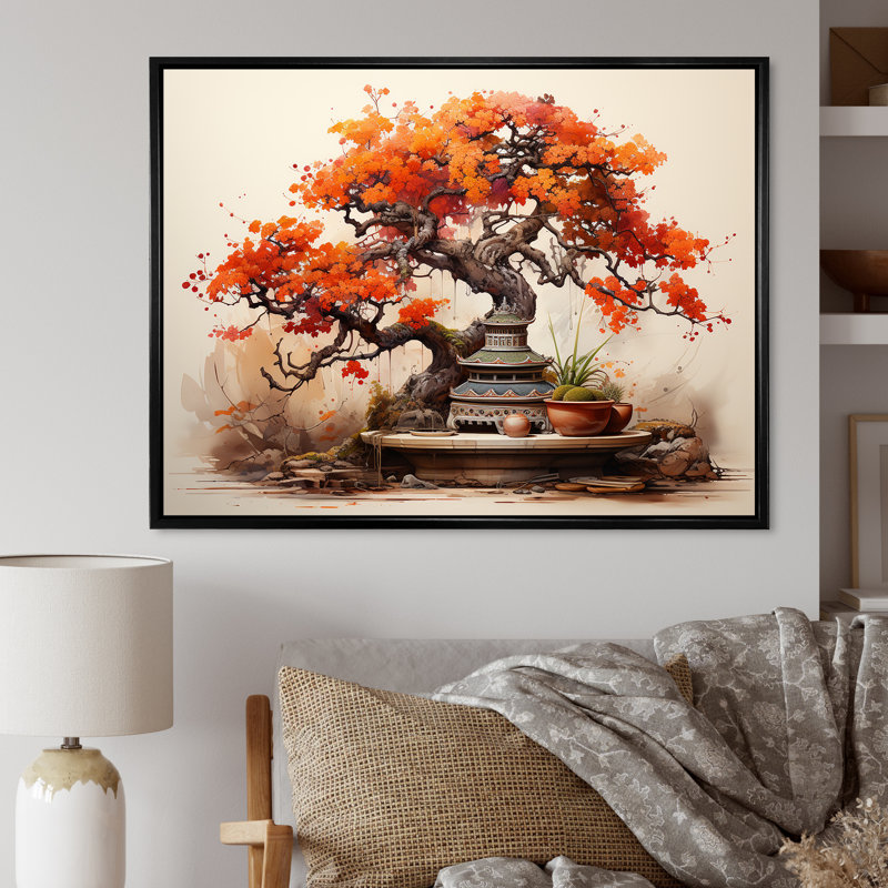 «Autumnal Bonsai Charm I», art mural arbre bonsaï, Cadre flottant noir, H 30 po x l 40 po x P 1,5 po