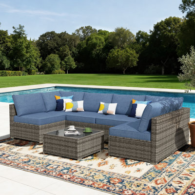 Chappotin 7 - Piece Outdoor Conversation Set,  Wicker Patio Seating Group, All Weather Sectional Sofa Set with Cushions for Garden, Backyard