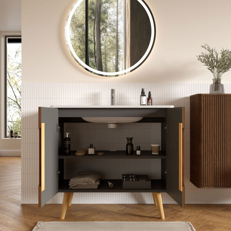Motohisa Striped Walnut Single Bathroom Vanity with Ceramic Top, Modern Wood Vanity with 2-Door Storage for Master Bathroom, Apartment & Hotel Style