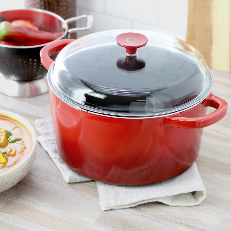 Crock Pot 7 Quart Enameled Cast Iron Dutch Oven in Red with Borosilcate Lid