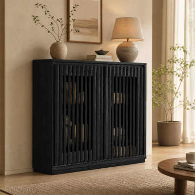 Mid-Century Fluted Buffet Sideboard Cabinet with Storage & 2 Outlet Holes, Black
