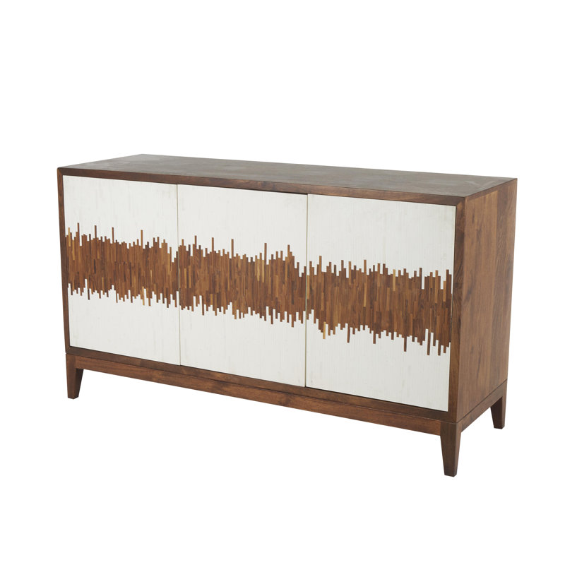 Elyette Mango Wood 1 Shelf and 3 Door Abstract Brown Cabinet with Vertically Stripped Front