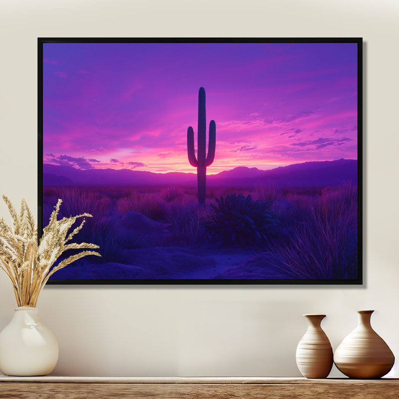 Marquasia lavande cactus au crépuscule I - art mural de cactus pour le salon, H 34 po x l 44 po, Cadre flottant