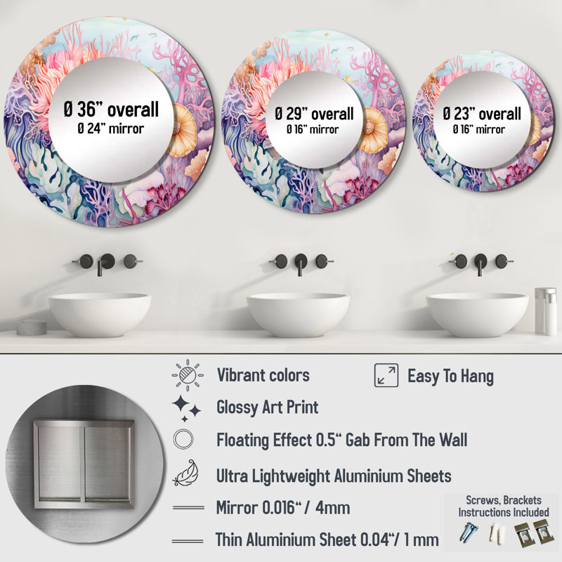 «Ripsi Colorful Coral Reef Heaven I», miroir décoratif corail, miroir mural bord de mer, impression sur métal, 36 po x 36 po