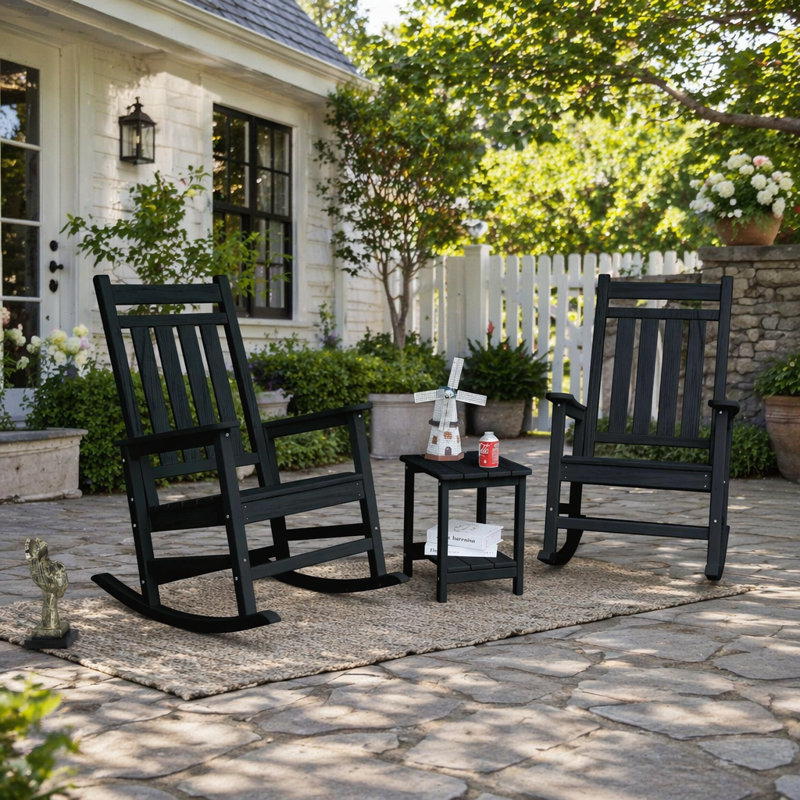 Ensemble de chaises berçantes d'extérieur avec table d'appoint, mobilier de patio 3 pièces résistant aux intempéries en noir, ergonomique et durable