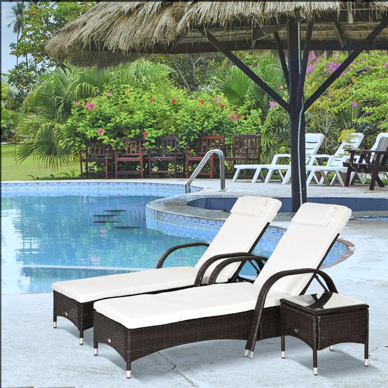 Ensemble de 3 chaises de patio en osier avec coussins rembourrés, noir et crème, Brun