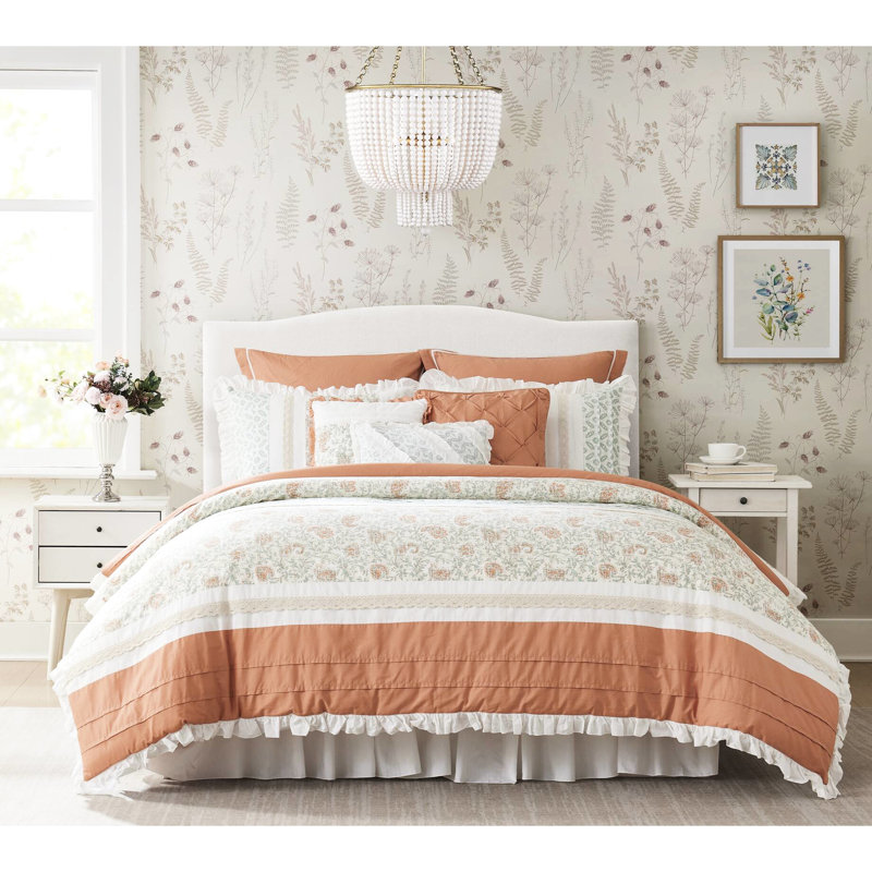 Coral King Bedroom Comforter - 9 Piece Detail Cotton Bedding