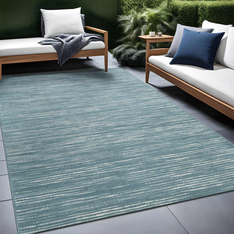 Tapis rayé intérieur / extérieur, Teal, Rectangle 5' x 7'