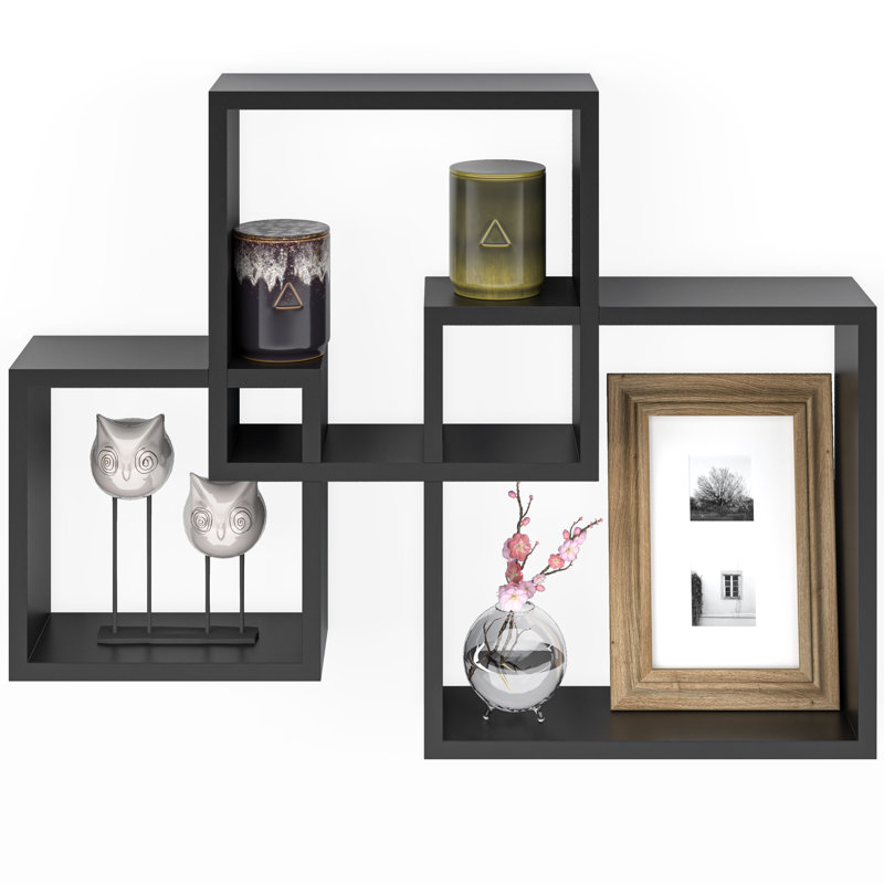 Extense Interlocking 3 Piece Square Floating Wall Shelf, Black