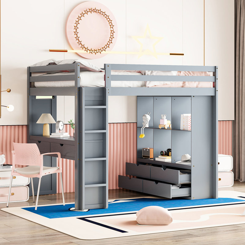 Lit mezzanine gris avec un vaste inventaire de grandes tablettes, bureau fonctionnel, éclairage à DEL - taille élégante et sécuritaire dans une réserve abondante et bureau pratique
