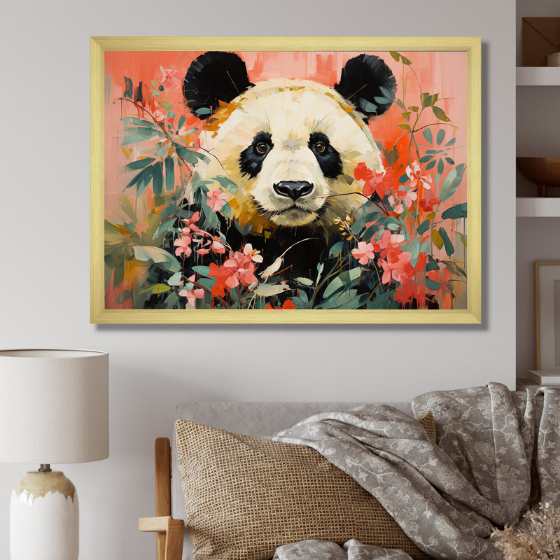 Panda blanc et rose en fleurs IV - art mural animal panda, Cadre doré à coins fermés, H 24 po x l 32 po x P 1 po