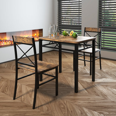 Compact 2-Person Dining Set, Rustic Brown MDF Table & 2 Chairs with Metal Legs for Small Spaces
