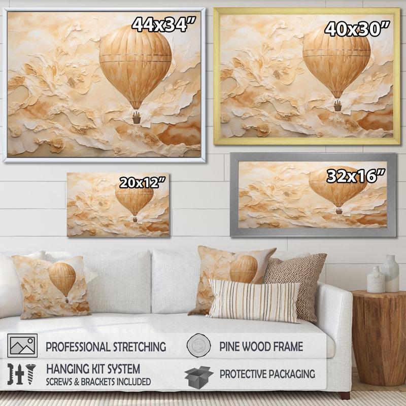 Minimalisme, montgolfière, voyages sur toile, Cadre flottant doré, H 34 po x l 44 po x P 1,5 po