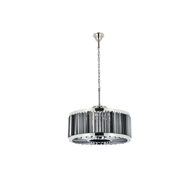 Lustre cylindrique unique et remarquable à 8 lumières Dorinda, Abat-jour argenté (gris), Nickel poli