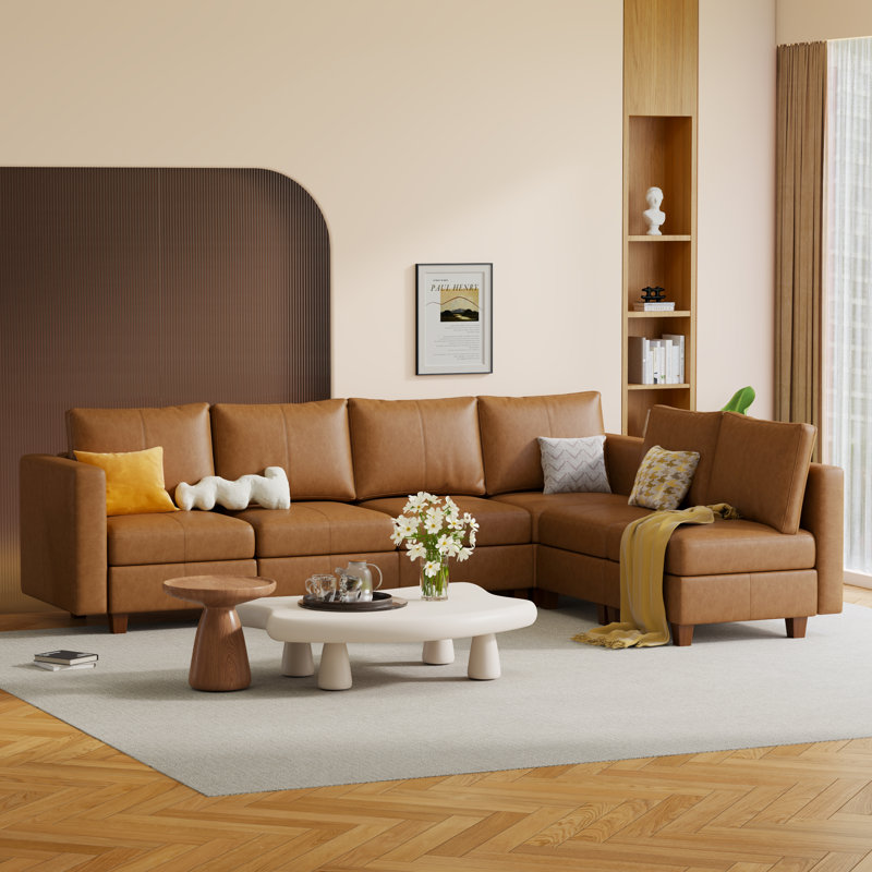  Canapé modulaire modulaire avec rangement, canapé modulaire rembourré et confortable pour le salon, la chambre à coucher, canapé en L 6 places en similicuir brun