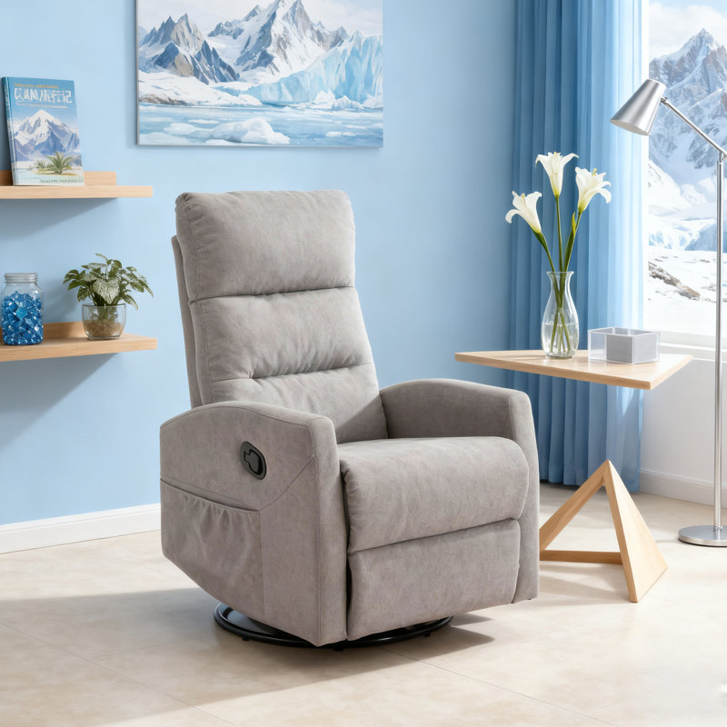 Manual Recliner Chair With Rocker And Swivel In Fabric For Living Room, Gray