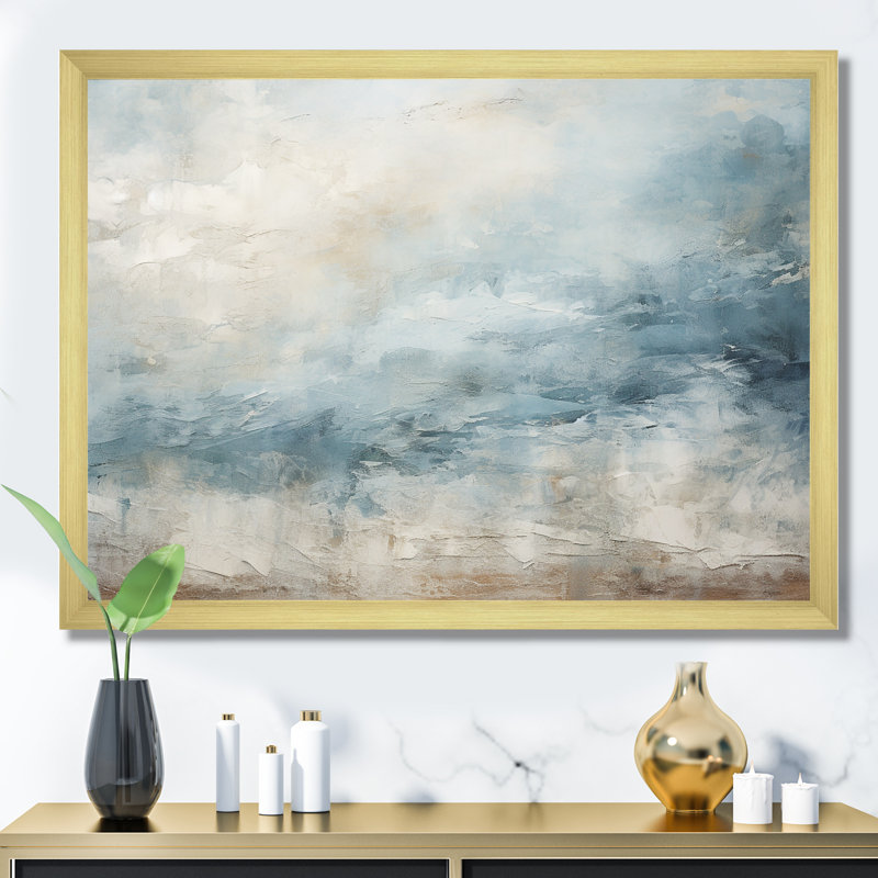 Beige Blue Ocean Storm I - Abstract Shapes Wall Art Prints, Gold Single Picture Framed, 34" H x 44" W x 1.5" D