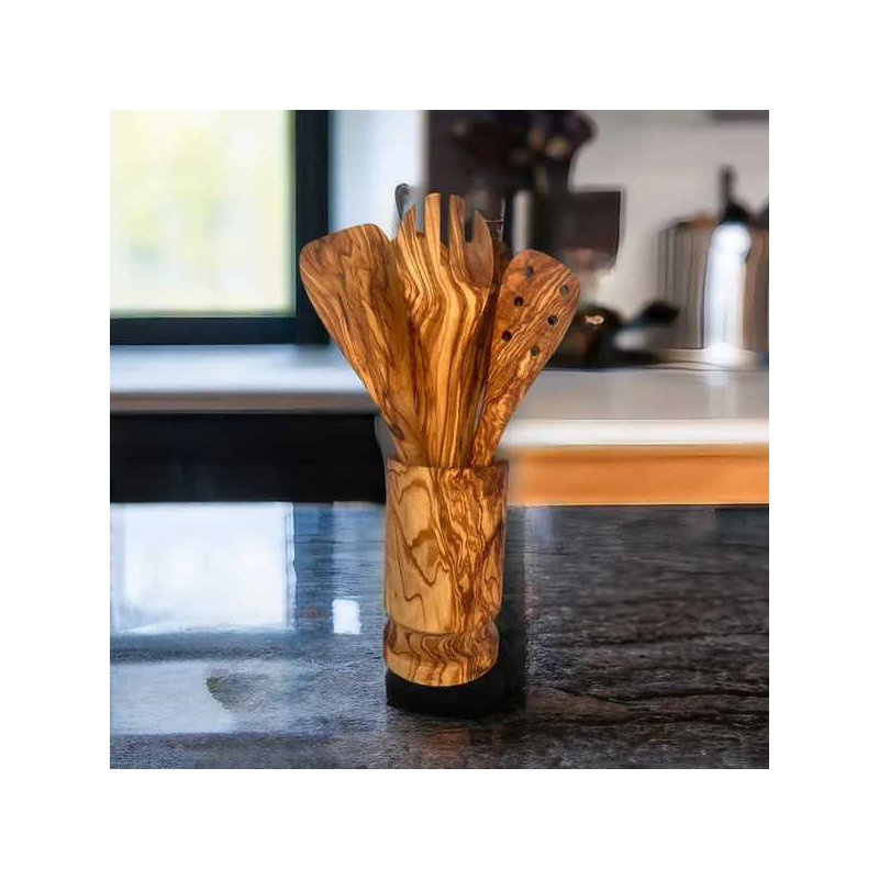 Ensemble de service de cuisine en bois d'olivier avec support - 6 pièces