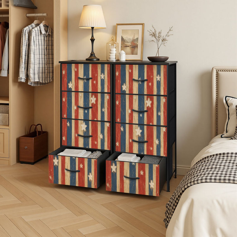 Commode de rangement verticale 4 tiroirs Patriotique rouge blanc bleu rayé étoiles blanches style aquarelle rustique avec tiroirs en bois