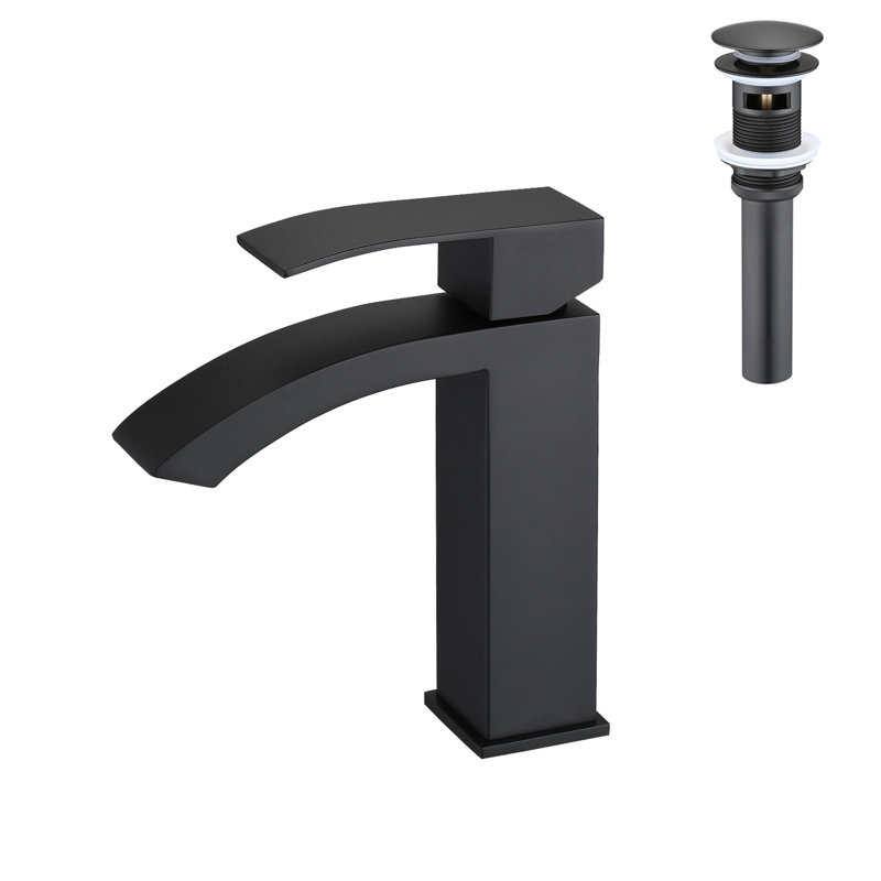 Waterfall Spout Bathroom Sink Single Handle Faucet with Pop-Up Drain (with Overflow), Matte Black