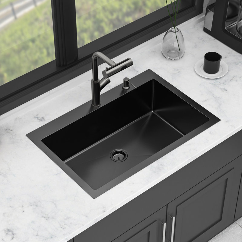 30 X 22 10 Inch Single Bowl Stainless Steel Gunmetal Black Kitchen Sink With 360 Rotating Faucet, Nano Surface, And Drying Rack Waterfall Faucet Mode, X - Shaped Water Guide, Included