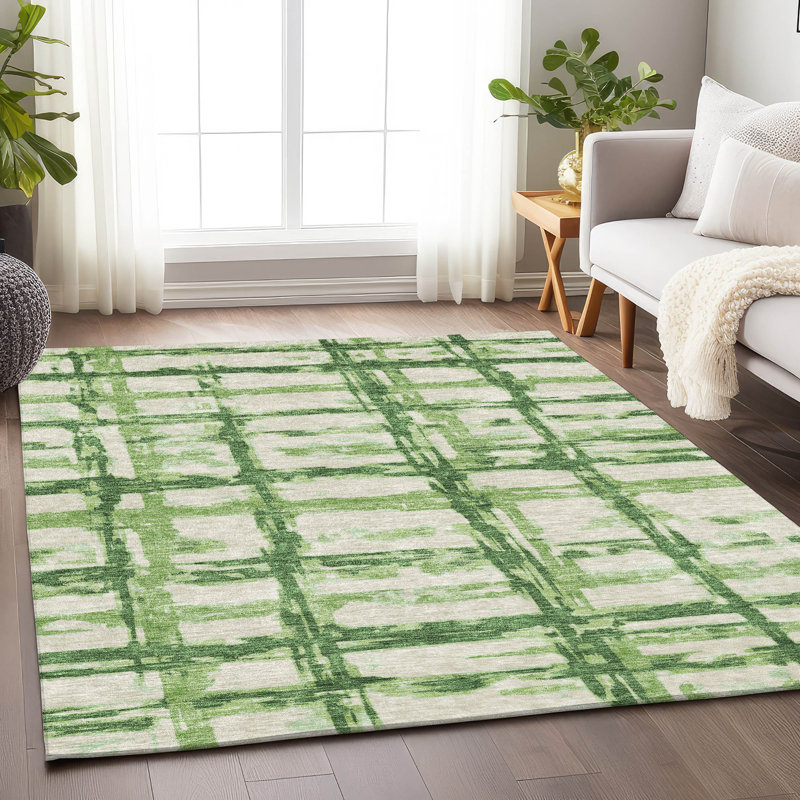 Tapis vert Prisco lavable à la machine de qualité supérieure, Rectangulaire 3 pi x 5 pi