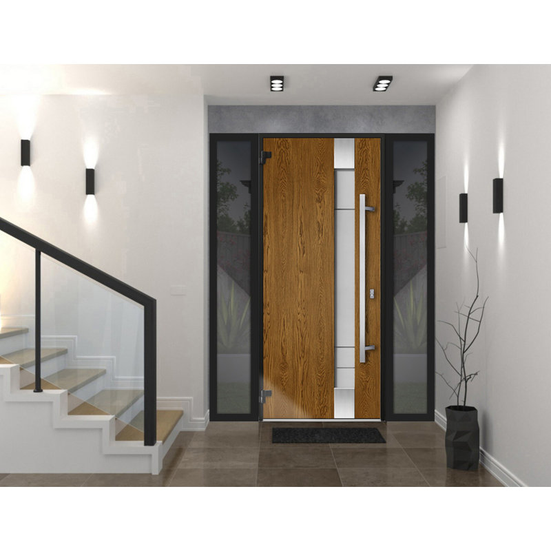 Front Exterior Prehung Steel Door / Deux 1713 Natural Oak / 2 Side Exterior Black Windows / Stainless Inserts Single Modern Painted-W16+36+16" x H80"-Right-hand Inswing